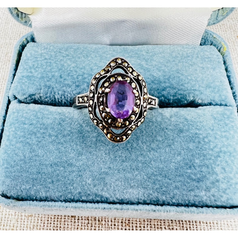 Vintage Sterling Silver Amethyst Marcasite Art Deco Style Cocktail Ring Size 9